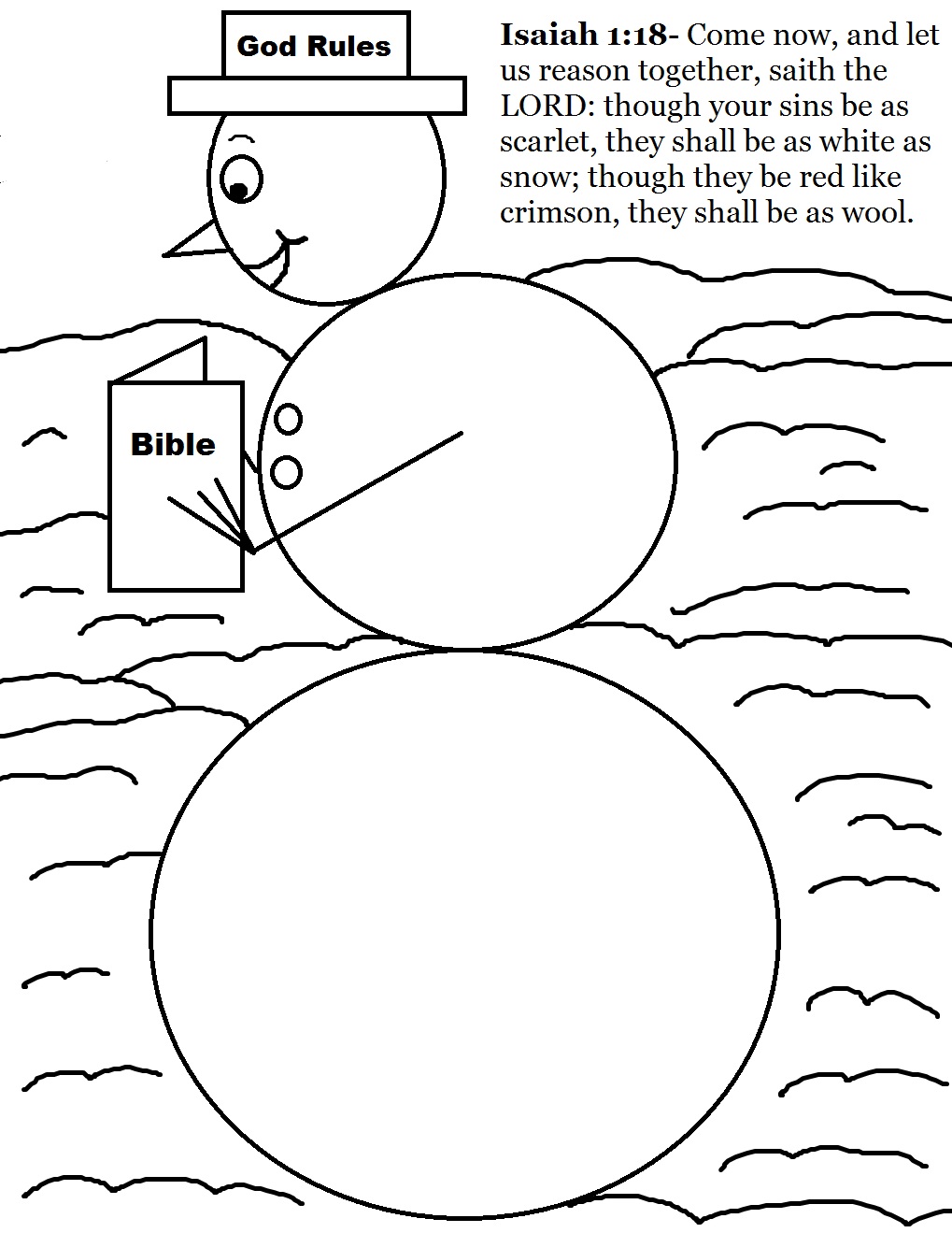 Free Christmas Snowman "Isaiah 1:18"  Reading A Bible Coloring Page for kids in Sunday school. Use with our Free Christmas Sunday school lessons for kids. By Church House Collection
